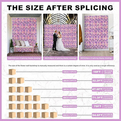 Flower Wall Backdrop12 pcs 16.5x16.5 Inch Floral Wall Panel Artificial Silk Rose Wall Decor Ideal for Wedding Celebrations, Festive Party Backdrops, and Home Decor-Pink and Purple