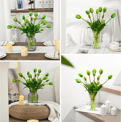 Fake Tulips Artificial Flowers Real Touch Latex Faux Tulips Fake Flowers Bouquet for Table Home Decor Party Wedding Garden Decoration (10pc Green)