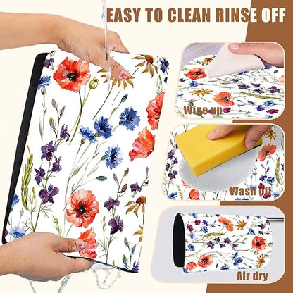 Watercolor Flowers Coffee Mat Daisy Dish Drying Mat for Kitchen Counter Absorbent Hide Stain Rubber Backed Coffee Bar Accessories Fit Under Espresso Machine Dish Drainer 11.8 x 19.7 Inch