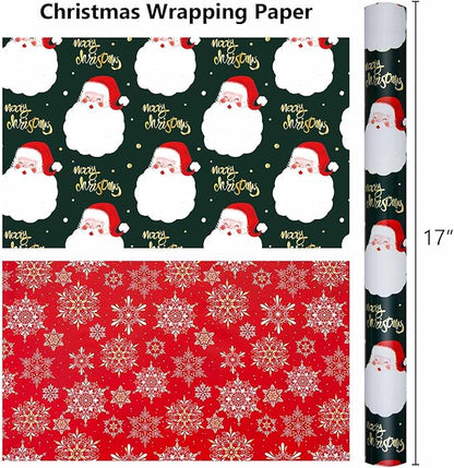 MAYPLUSS Christmas Wrapping Paper Roll - 17IN X 33FT - Green Gift Wrap Paper Featuring Santa Claus Gold Merry Christmas Reversible Snowflake for Kids, Holiday, New Year