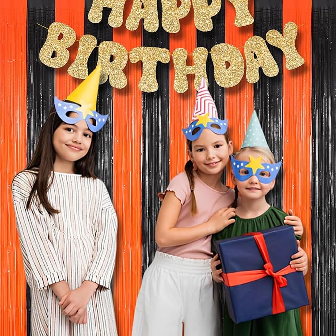 BRAVESHINE Tinsel Photo Backdrop Curtains - 2 Pack 3.2x8.2ft Black Orange Foil Fringe Streamer Curtain for Birthdays/Sports/Basketball/Pumpkins/Home/Office/Indoor/Outdoor Party Decorations