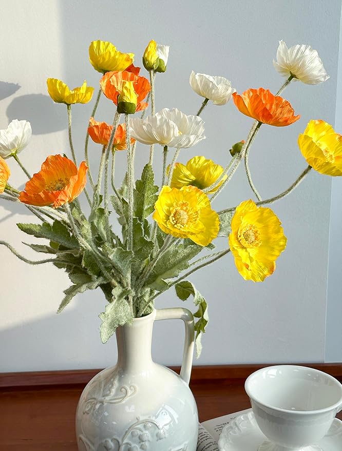 Set of 6 Multicolour Artificial Poppy Flowers, Silk Flowers with Stems for Vase Arrange for Wedding Party Home Office Indoor Kitchen Dining Table Centerpiece Decoration (White Yellow Orange)