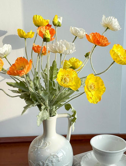 Set of 6 Multicolour Artificial Poppy Flowers, Silk Flowers with Stems for Vase Arrange for Wedding Party Home Office Indoor Kitchen Dining Table Centerpiece Decoration (White Yellow Orange)
