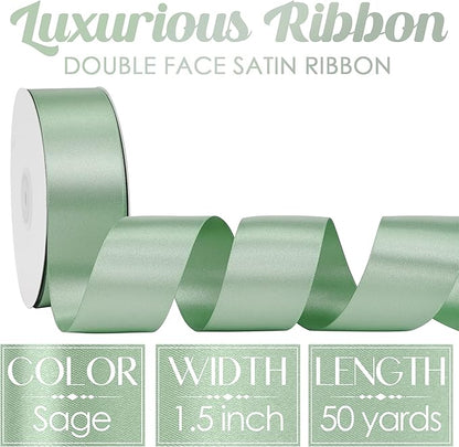 MEEDEE Sage Satin Ribbon 1-1/2 Inch Light Green Ribbon Lux Double Faced Satin Ribbons by 50 Yards Green Polyester Satin Ribbons for Crafts, Weddings, Flower Bouquet, Holiday Decorating