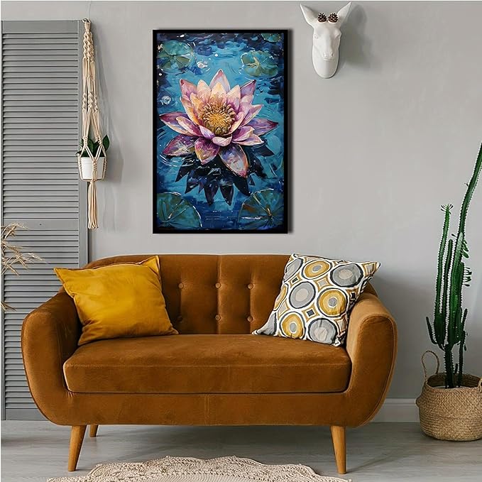 Gorgeous pink and purple water lilies on deep blue water Eye-catching oil painting Serene aquatic wall art for modern home decor 16x24in Metal blackFramed