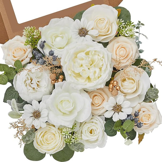 Serwalin Artificial White Flowers for Wedding, Silk Flowers Cake Decoration, Fake Flowers for Centerpieces Bouquets White Roses Peonies, Bridal Shower DIY Christmas