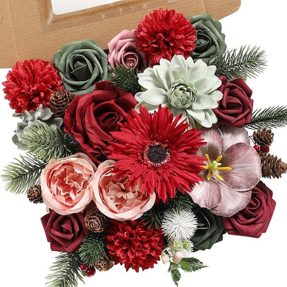 YYHUAWU Artificial Christmas Flowers Combo Box Set Fake Flowers Leaf with Stems for DIY Tree Ornaments Xmas Wreath Floral Arrangements Centerpieces