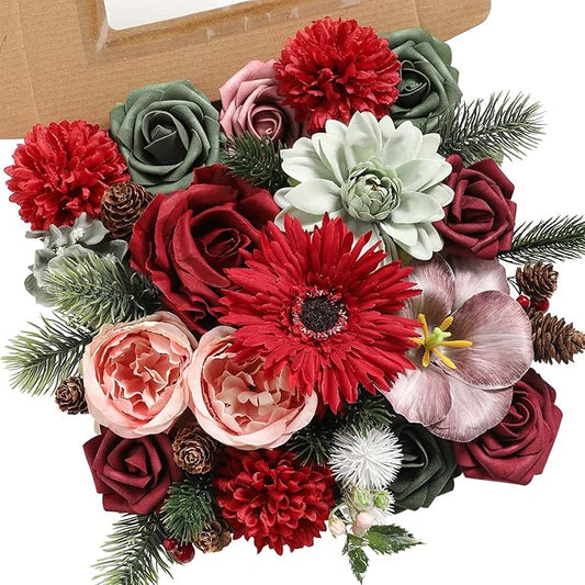 YYHUAWU Artificial Christmas Flowers Combo Box Set Fake Flowers Leaf with Stems for DIY Tree Ornaments Xmas Wreath Floral Arrangements Centerpieces