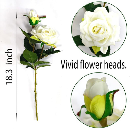 ATFL Ivory White Flowers, Ivory Roses,6 Pcs Faux Silk Real Touch Moisturizing Artificial Rose Flowers for Decoration DIY, Wedding Party, Home Office Decoration and Dining Table Centerpiece (6, White)