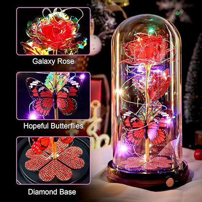 Christmas Rose Gifts for Women, Gift for Birthday Rechargeable Galaxy Glass Rose Light Up Roses In Glass Dome Forever Crystal Flowers Butterfly Xmas Gifts for Women Mom Grandma Sister Her Wife Red