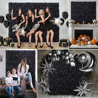 Flower Wall Backdrop 12pcs 16.5x16.5 Inch Floral Wall Panel Artificial Silk Rose Wall Decor Ideal for Wedding Celebrations, Festive Party Backdrops, and Home Decor-Black