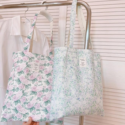 Cotton Canvas Tote Bag Reusable Soft Grocery Cloth Bag Floral Shoulder Bag for Beach Travel Shopping