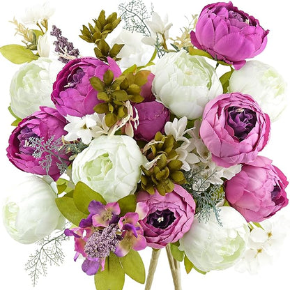 FiveSeasonStuff Vintage Artificial Peonies Silk Peony Flowers and Hydrangeas for Wedding Bridal Home Décor – Beautiful Floral Centerpiece Arrangement with 2 Bouquets (Bloom Purple and White Mix)