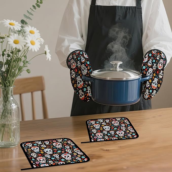 Day of The Dead Skull Mexican Oven Mitts and Pot Holders Set,Flower Kitchen Decor Heat Resistant Non Slip Hot Pads and Oven Mitt for Chef Cooking Baking BBQ Mom Girl Gifts(4 Piece Set)