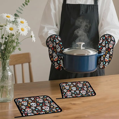 Day of The Dead Skull Mexican Oven Mitts and Pot Holders Set,Flower Kitchen Decor Heat Resistant Non Slip Hot Pads and Oven Mitt for Chef Cooking Baking BBQ Mom Girl Gifts(4 Piece Set)