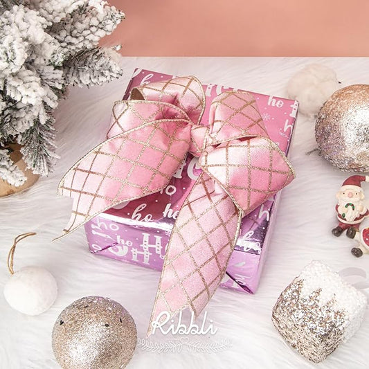 Ribbli Light Pink Velvet Ribbon Wired with Glitter Diamond Grid 2-1/2 Inch Christmas Ribbon for Christmas Tree Decoration Big Bow Gift Wrapping Crafts Wreaths Garland Supplies - 10 Yards