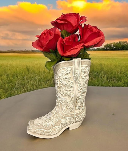 Cowgirl Boot Flower Vase – 9” Tall Antique White Finish with Intricate Tooled Leather Detailing - Decorative Western Cowboy Modern Rustic Decor