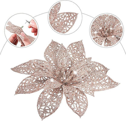 Boao Rose Gold 24 Pieces Poinsettia Flower Christmas Glitter Artificial Poinsettia with Clips Christmas Tree Ornament Decorations for DIY Xmas Wreath Holiday Home Party Decor, 3/4/6 Inches