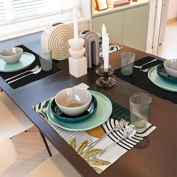 Boho Placemats, Modern Minimalist Art Abstract Geometric Sun Plant Print Washable Fabric Placemats Table Kitchen Dining Party 12x18 Inch Set of 4