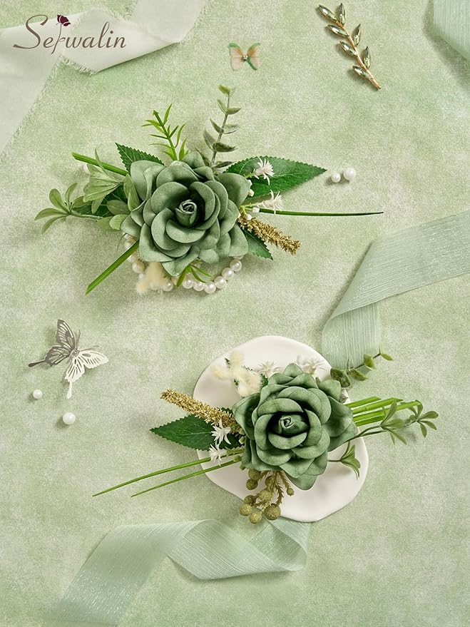 Serwalin Green Corsage and Boutonniere Set 2pcs, 6-7inch Boutonniere and Wrist Corsage Wristband Prom Flower Wedding Flowers Accessories Prom Suit Decorations
