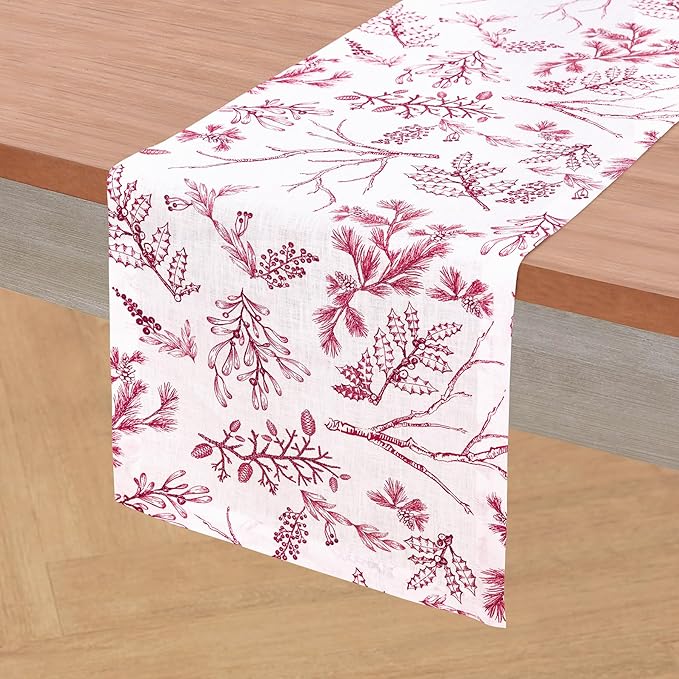 Solino Home 100% Pure Linen Christmas Table Runner 156 Inches Long - Red/White Table Runner 14 x 156 Inch - Handcrafted and Machine Washable - Winter Forest Print
