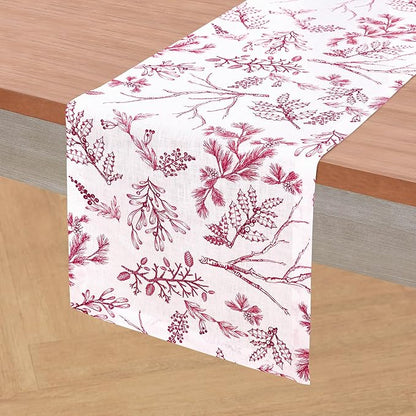Solino Home 100% Pure Linen Christmas Table Runner 156 Inches Long - Red/White Table Runner 14 x 156 Inch - Handcrafted and Machine Washable - Winter Forest Print