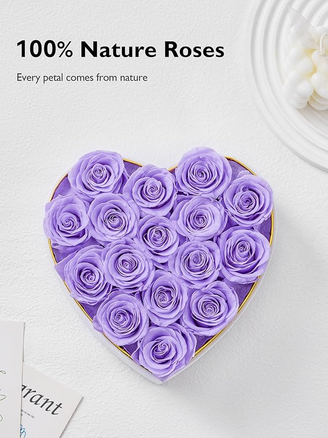 Eterfield 16 Forever Flowers in Heart Shape Box, Preserved Roses That Last a Year Preserved Flowers Birthday Gifts for Her Mom Women Wife Anniversary Valentines Day Mothers Day Christmas, Light Purple