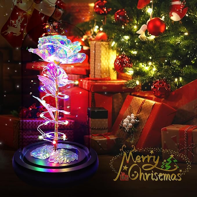 Childom Christmas Rose Gifts for Women,Birthday Gifts for Women Mom Christmas,Flowers for Delivery Prime,Colorful Light Up Rose in A Glass Dome,Anniversary Flowers Gift for Her Grandma Valentines Day