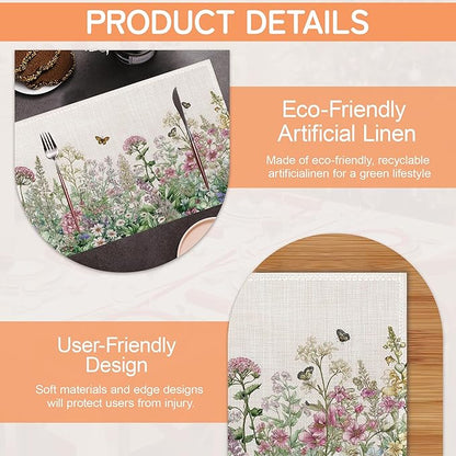Vintage Wildflowers Placemats Set of 6,Butterfly Botanical Herbs Waterproof Heat Resistant Dining Table Plate Mat for Home Kitchen Dining Table 12x18Inch