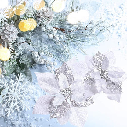 WILLBOND 36 Pieces Christmas Poinsettia Glitter Faux Flowers Christmas Artificial Flowers Tree Ornaments Topper Xmas Decorations(Silver)