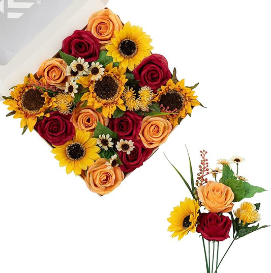 FANKO Artificial Flowers Light Orange Rose: Mixed Fake Silk Flowers Combo Red Rose Sunflower White Daisy Assorted Blooms for DIY Wedding Bridal Bouquets/Centerpieces/Home Decor