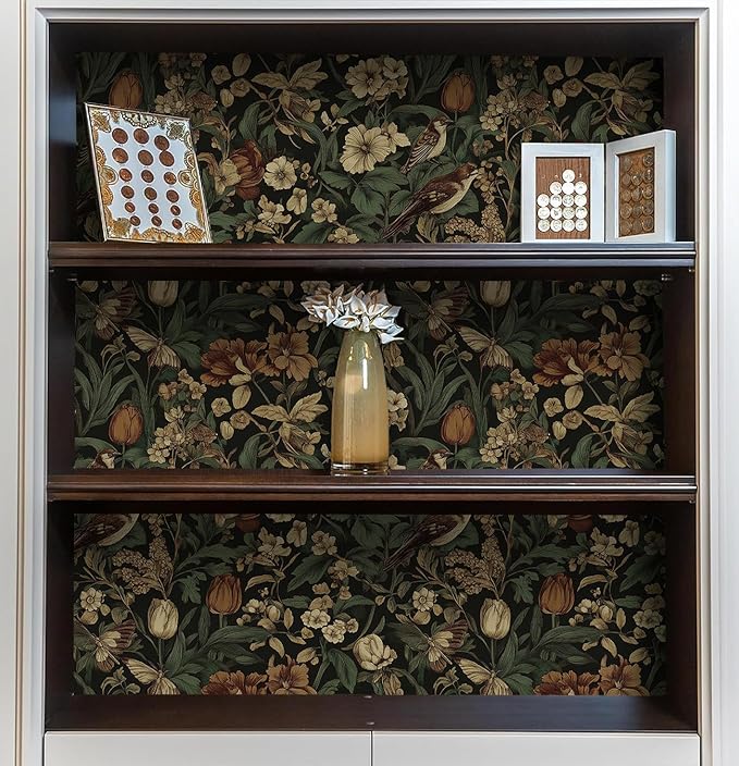 Erfoni 17.3" x197" Retro Floral and Bird Contact Paper Vintage Peel and Stick Wallpaper for Bedroom Decorative Self Adhesive Wall Paper Boho Floral Leaf Removable Wallpaper for Accent Wall Covering
