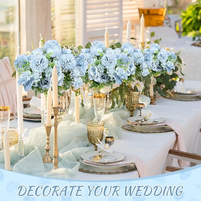 Lyrow 16 Pcs Peony Artificial Flowers Fake Silk Hydrangea Bouquet Elegant Peony Flowers for Wedding Decoration Faux Realistic Floral for Home Party Table Centerpieces Arrangement (Blue)