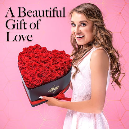 GLAMOUR BOUTIQUE 50 Flower Forever Heart Shape Box - Preserved Roses Gift for Her, Preserved Flowers, Red