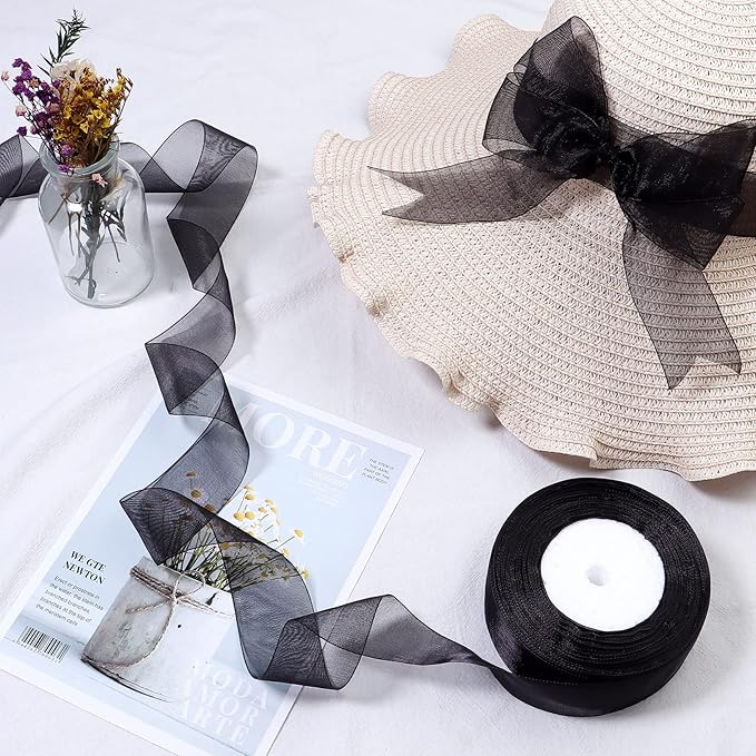 1.5 inch Sheer Organza Ribbon Black Chiffon Ribbon for Gift Wrapping Christmas Halloween Decoration Wedding Bouquet Crafts 50 Yards