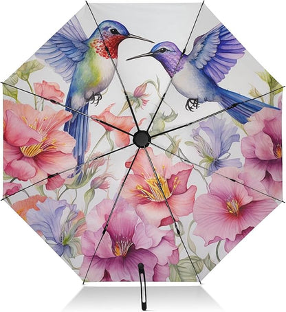 Automatic Folding Umbrella Windproof Strong, UV Protection Compact Floral Hydrangea Hummingbird Sun Rain Sun Rain Travel Umbrellas for Women Men