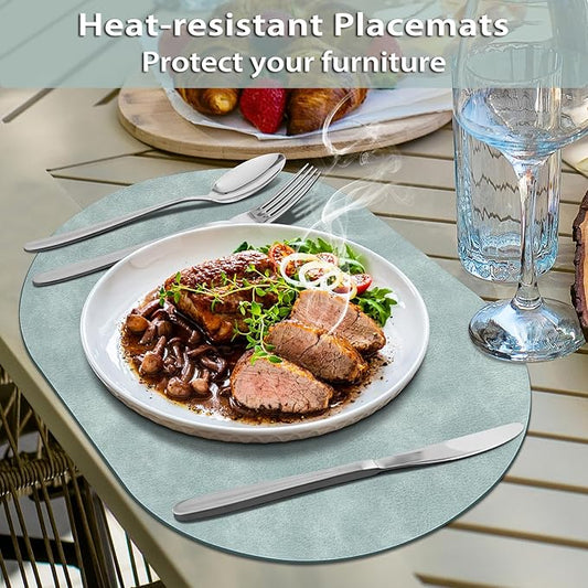 ADRIMER Placemats, Heat Resistant Oval Placemats Set of 12 Washable 12 x 17 Inch, Waterproof Table Mats, Wipeable Pu Place Mats for Kitchen, Dining Room, Light Blue
