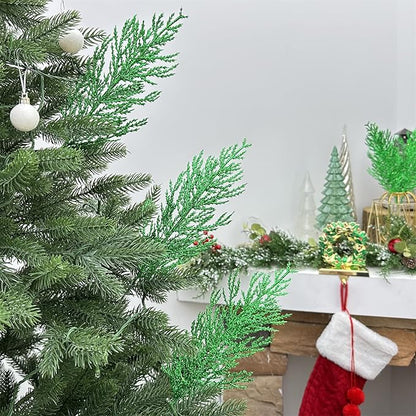Christmas Glitter Stems 24pcs Artificial Pine Tree Picks for Christmas Tree Ornaments fillers, DIY Xmas Wreath, Crafts, Garland, Holiday, Party, Wedding and Home Decoration (Green)