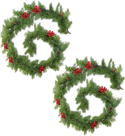 2Pack 6FT Christmas Garland Faux Cypress Pine Cedar Garland with 20 LED Lights, Holiday Garland for Home, Wedding, Party Decorations