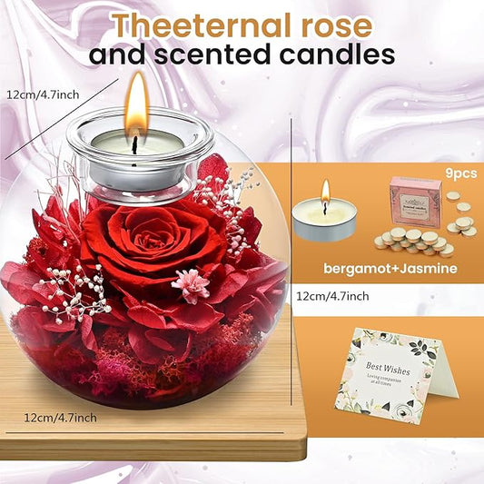 Birthday Gifts for Women,Eternal Preserved Real Rose with Scented Candle(Vinilla9Pcs+Rose9Pcs),Preserved Rose in Glass Dome, Christmas Valentine Mothers Day Gifts for Her Mom Girlfriend,Home Decor