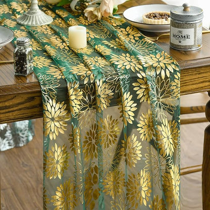 Artoid Mode Green Gold Dahlia Flower Gauze Table Runner 120 Inch 10FT, Glitter Metallic Foil Seasonal Sheer Dining Holiday Table Decor for Home Party