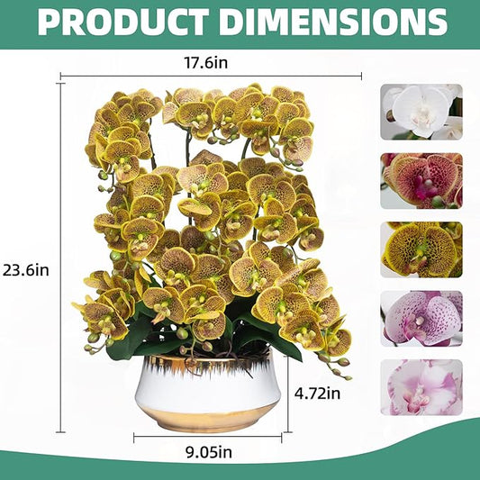 CXGS Orchids Artificial Flower Real Touch Faux Orchid in Large Ceramic Vase 23.6'' Realistic YellowSpots Fake Phalaenopsis Floral Arrangements Centerpiece Table Home Indoor Decor