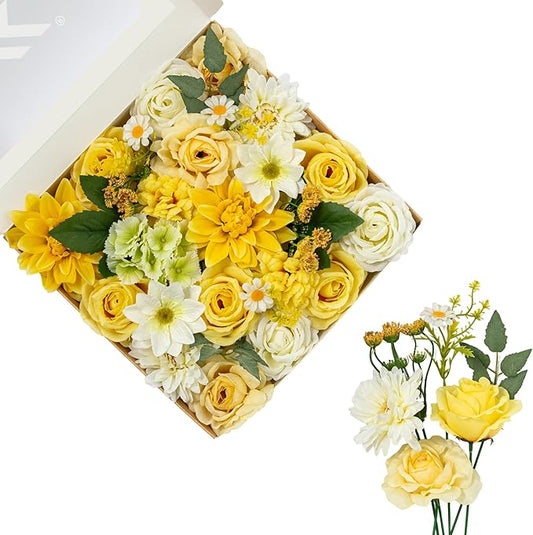 FANKO Artificial Flowers Yellow Rose, Mixed Fake Silk Flowers Combo Cream White Rose Yellow Dahlia Spring Assorted Blooms for DIY Wedding Bridal Bouquets/Centerpieces/Home Decor