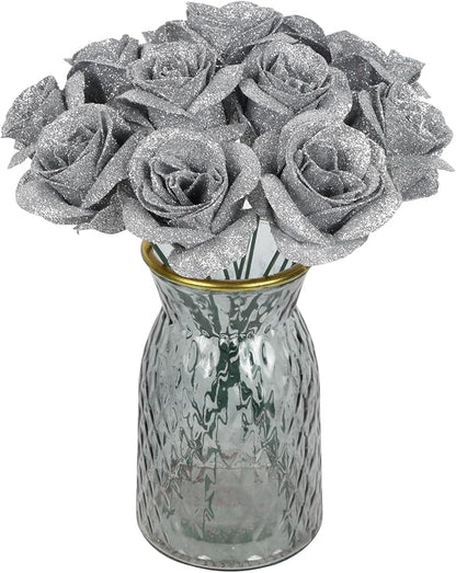 30PCS Silver Roses Artificial Flowers Fake Glitter Roses Silk Flower for DIY Crafts Wedding Bouquet Party Home Decor(Silver)