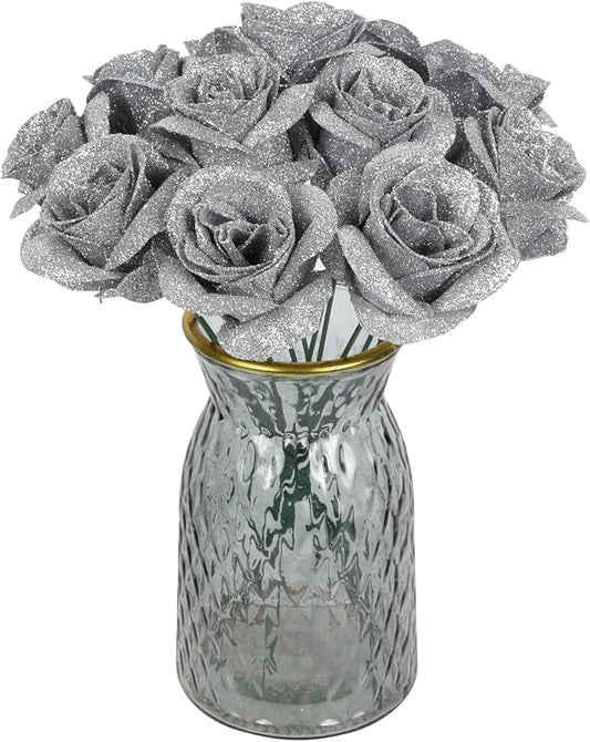 30PCS Silver Roses Artificial Flowers Fake Glitter Roses Silk Flower for DIY Crafts Wedding Bouquet Party Home Decor(Silver)