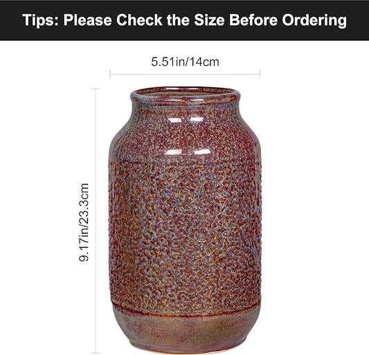 Brown Ceramic Vase for Home Decor - 9 inch Farmhouse Pottery Vase for Pampas Grass, Decorative Vases for Flowers, Farmhouse Decor, Kitchen, Mantle, Fall Decoration