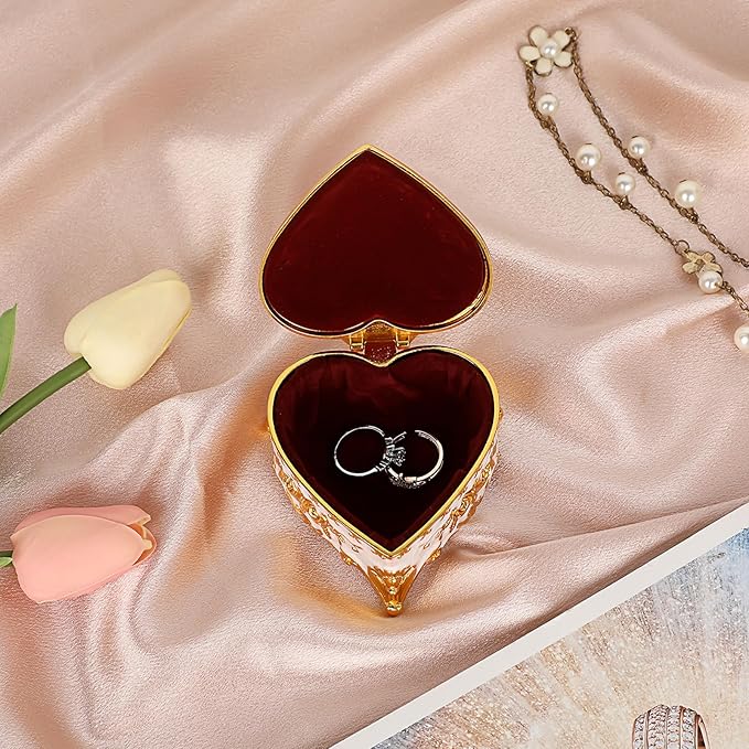 Hipiwe Vintage Metal Jewelry Box - Heart Shape Trinket Organizer Ring Box Case with Rose Pattern Jewelry Storage Box for Ring Earrings Necklace, Gift for Women