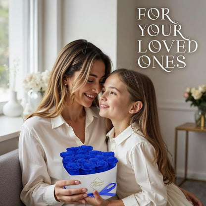 GLAMOUR BOUTIQUE Preserved Roses in a Box - Gifts for Her, Wife & Mom, Rose Flowers Forever Decor for Birthday Gift, Get Well Flower Bouquet Cased in White Box with Cover - Blue - 16-Piece