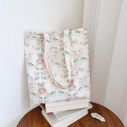 Cotton Canvas Tote Bag Reusable Soft Grocery Cloth Bag Floral Shoulder Bag for Beach Travel Shopping