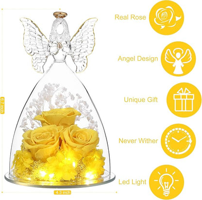 Christmas Rose Gifts for Women Preserved Real Flower in Glass Angel Figurines Roses for Delivery Prime Birthday Gifts for Mom Grandma Girlfriend Wife Her, Yellow